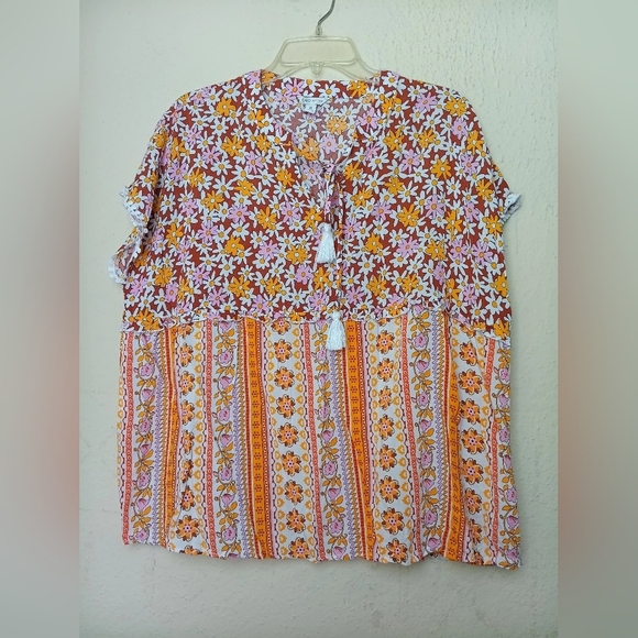Cato Tops - Cato Floral and Striped Blouse - Orange and Pink